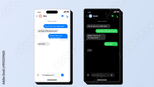 Smartphone messaging app interface in light and dark mode with chat bubbles and text conversation on mobile screen