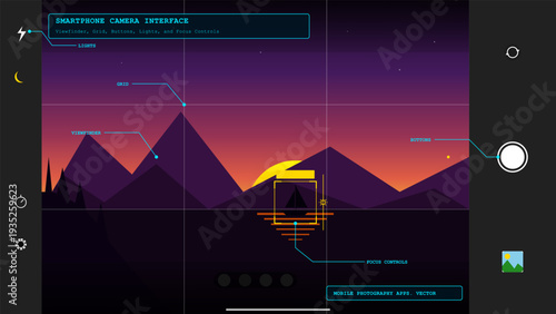Smartphone camera interface with viewfinder grid and focus controls over a sunset mountain landscape with a sailboat on the water