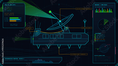 Futuristic heads up display interface showing mobile satellite communication vehicle with technical data and radar tracking elements