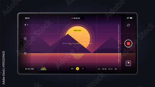 Smartphone camera app interface recording a scenic sunset over mountain peaks with digital settings and icons