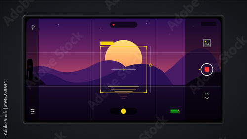 Smartphone camera interface capturing a beautiful sunset over purple mountains with focus frame and grid lines