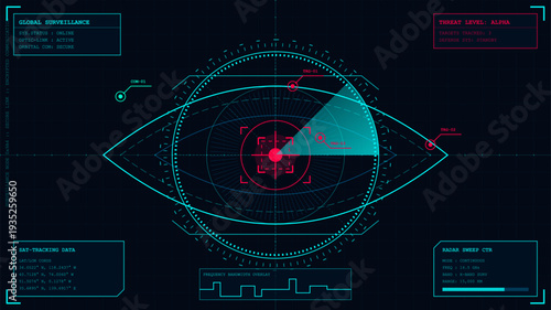 Futuristic digital head up display interface with eye tracking radar and global surveillance data panels on dark background