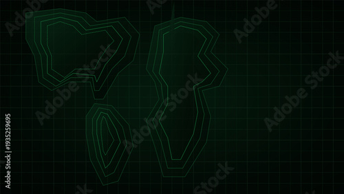 Dark green digital topographic map background with glowing contour lines and grid pattern for technology and data visualization