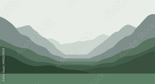 This graphic depicts a serene mountain valley with layered ridges in shades of green and gray, creating a peaceful and minimalist vibe suitable for backgrounds or illustrations.