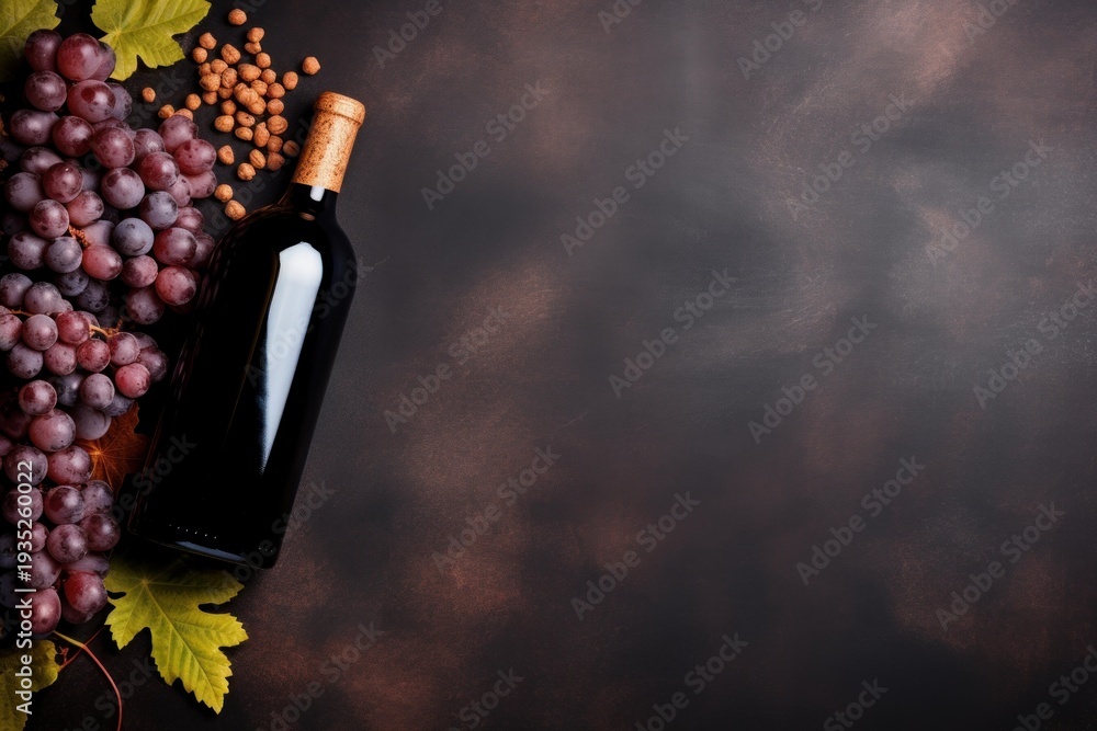 Naklejka premium Red wine bottle with ripe grapes and nuts on a dark background providing generous copy space