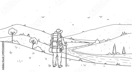 Hiker with Backpack and Walking Stick on a Winding Road Through Serene Hills and Trees, Exploring Nature.