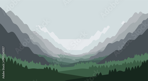 A minimalist vector landscape illustration featuring a series of layered mountains and a forest in shades of green and gray, creating a calm, peaceful and atmospheric scene.