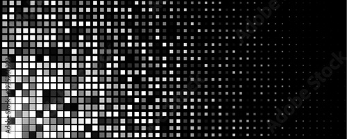 Abstract Background, Pixel Grid Pattern In Black And White With Halftone Gradient, Modern Tech Mosaic For Web, Banner, And Presentation. Vector Illustration