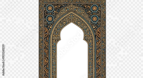 Intricate Traditional Islamic Arch with Richly Patterned Arabesque Design on an Isolated White Background