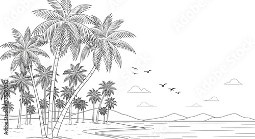 Tropical Beach Landscape with Palm Trees, Ocean, and Flying Birds Under a Bright Sky Background