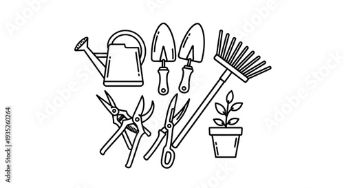 Essential Gardening Tools Set with Watering Can, Trowel, Rake, Shears, and Potted Plant on an Isolated White Background