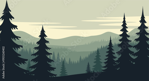 Silhouette illustration of coniferous trees in a forest setting, layered hills receding into the distance, creating a calm and serene landscape.