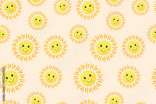 Happy sunshine seamless pattern with cute smiling sun characters summer background