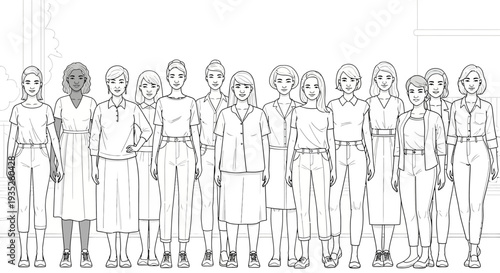 Diverse Group of People, Mostly Women, Standing Together in a Line in a Bright Studio Setting, Representing Teamwork and Community, Line Art.