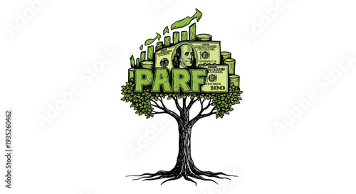 Tree Symbolizing Financial Growth and Investment with Dollar Bills and "PARF" Acronym as Leaves on an Isolated White Background, Line Art.