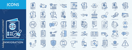 Immigration icon set vector illustration. Containing icon of visa, ticket, airplane and more. Outline Blue icon symbol collection
