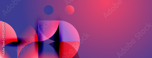 Abstract composition. Overlapping circles, squares create dynamic visual effect. Gradient background transitions from purple to red. Modern design.
