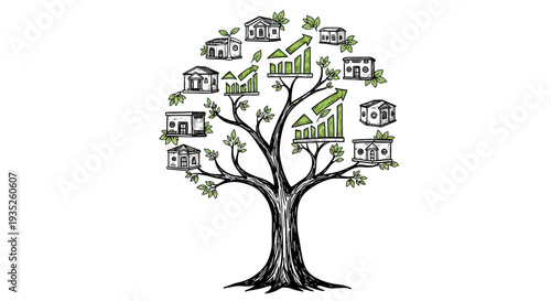Tree Symbolizing Real Estate Growth and Investment with Houses and Upward Arrows on an Isolated White Background, Line Art.