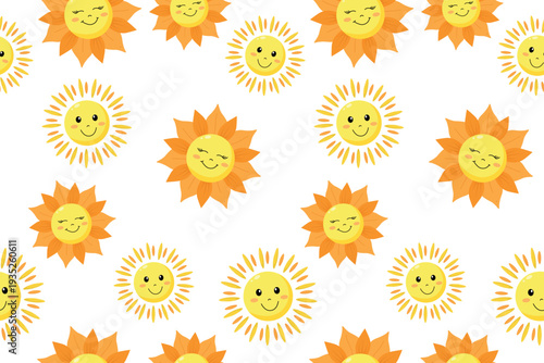 Seamless pattern with cute smiling sun and sunshine characters with yellow and orange rays on light background