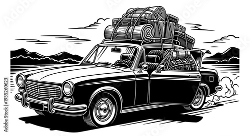 Vintage Car Loaded with Luggage on a Road Trip with Scenic Mountain Background, Black and White Line Art.