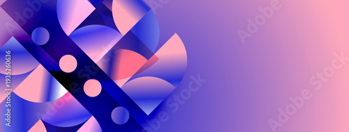 Abstract composition features curved shapes, pinks, blues, purples. Gradient background creates soft visual effect. Modern design.