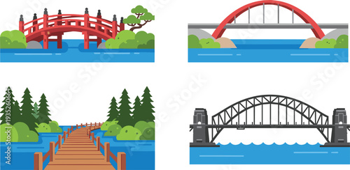 Bridge collection vector illustration featuring arch wooden and steel bridges over river isolated on white background landscape design set