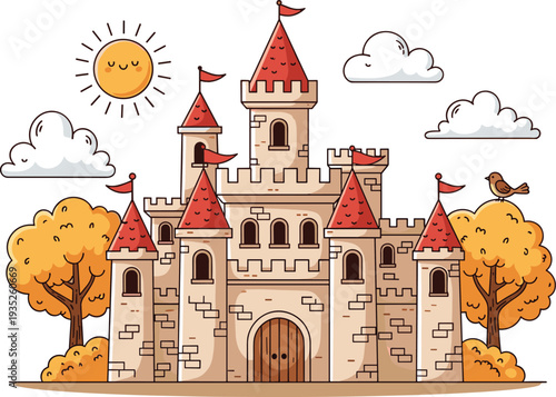 Fairytale Castle Cartoon Illustration with Towers, Autumn Trees, Sun and Clouds Fantasy Medieval Palace Vector Artwork