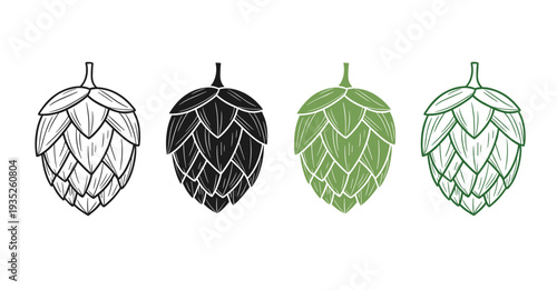 Hop Cone Icon Set with Outline and Solid Styles for Beer Brewing, Brewery Ingredient and Craft Beer Vector Collection