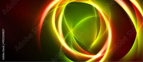 Abstract design features vibrant glowing curves. Green, yellow, red hues blend, creating dynamic visual effect. Dark background emphasizes luminosity.