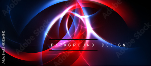 Abstract neon swirls, vibrant red, blue hues. Dynamic energy radiates from central point. Modern design element, dark background.