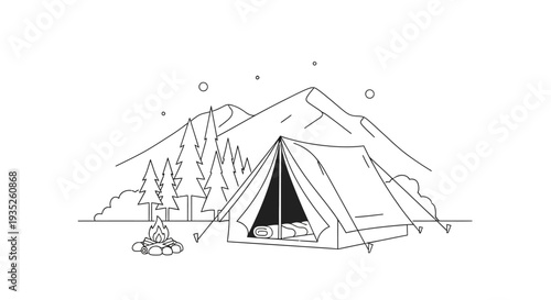 Cozy camping tent with a campfire under the stars in the mountains on an isolated white background.