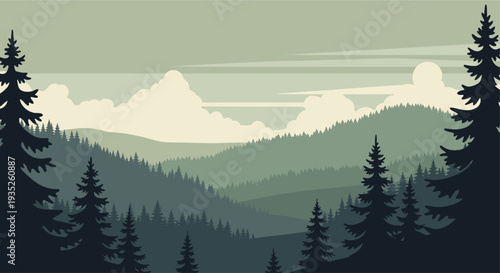Vector illustration showcases a mountain landscape, highlighting evergreen silhouettes layered against a hazy sky; perfect for travel blogs, adventure graphics, or nature-themed designs.