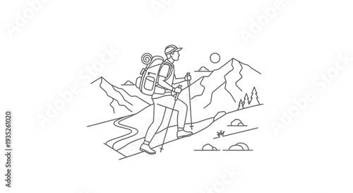Adventurous person hiking with a backpack and walking sticks in the mountains on an isolated white background.