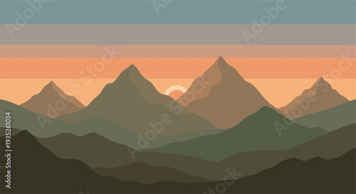 A minimalist vector illustration showcases a mountain range silhouette in various shades of green and brown against a striped sunset or sunrise sky. This tranquil scene evokes a sense of adventure.