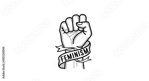 Clenched fist with "Feminism" banner symbolizing women's rights and power on an isolated white background.