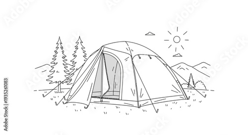 Relaxing Camping Scene with a Tent Under Trees and Sun in a Peaceful Natural Mountain Landscape