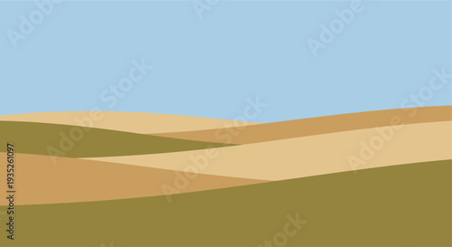 Minimalist illustration of rolling hills in earth tones and shades of green, set against a serene pale blue sky, evokes calmness and nature. Ideal for backgrounds or design elements.