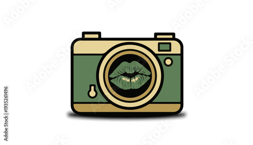 Metallic Vintage Camera with Green Glitter Lipstick Kiss Mark for St. Patrick's Day Social Media Influencer and Retro Photography