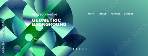 Abstract website header features geometric shapes, teal hues, navigation menu. Button invites users explore content. Minimalist design.