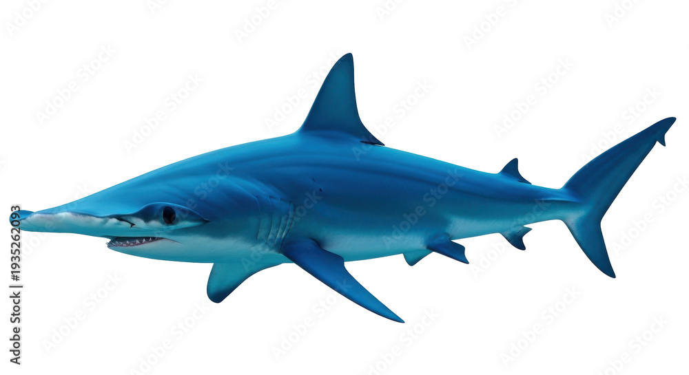Fototapeta premium Isolated Blue Shark with Fins and Sharp Teeth Swimming in Ocean Looking Left Side View