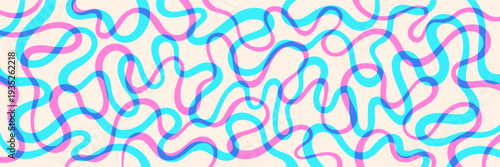 Modern abstract 1:3 background. Twisted hand drawn lines fluid curved wiggling stripes waves. Layered risograph effect. Funky maze ornament groovy pattern banner. Doodle uneven wavy organic line