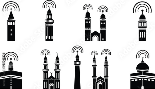Mosque minaret icons, wireless signal dome silhouettes, Islamic architecture technology, digital communication religion, connectivity heritage innovation, cultural landmark vector illustration