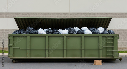 Overflowing green dumpster filled with garbage bags behind store  