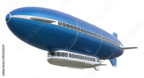 Isolated blue blimp airship, aerial vessel with streamlined design for air travel, zeppelin