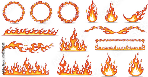 Stylized flame illustrations, fire wreaths, burning borders, abstract flame designs, hot energy symbols, fiery decoration elements, vibrant orange yellow vector art