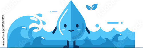 Happy Cartoon Water Droplet Character Enjoying the Ocean Waves with Leaves, Celebrating World Water Day
