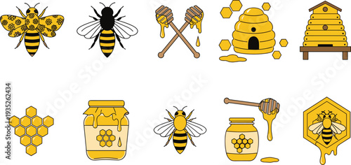 Collection of honey bee icons, featuring beehives, honeycombs, jars, and dippers, yellow and black apiculture symbols isolated on white, vector.