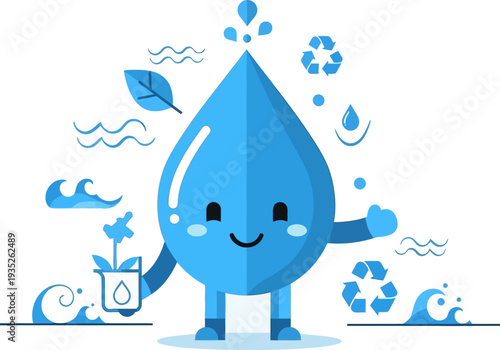 Cute cartoon water droplet character promoting environmental awareness and water conservation with symbols of nature and recycling