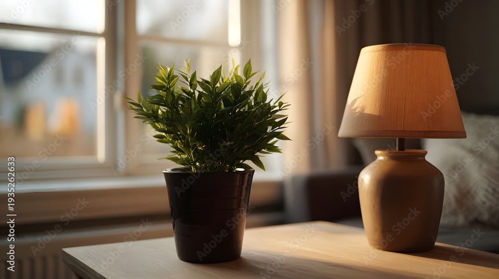 Naklejka premium A potted green plant and a warm table lamp on a wooden table with a window view of a house in soft ambient light