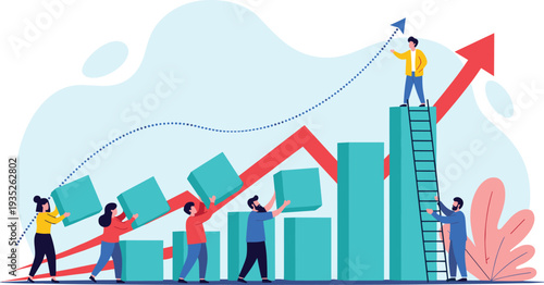 Business team working together to build bar chart showing financial growth with rising arrows and successful career development.